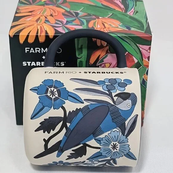 Starbucks x Farm Rio Lenco Asulejo White Blue Toucan/Macaw Ceramic Mug 14 oz - Picture 5 of 7